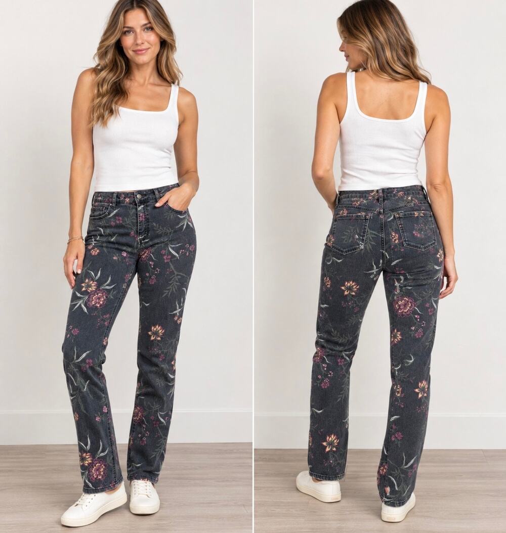 Bandolino Floral Print Dark Wash Straight Leg Jeans Women’s Size 18 Boho